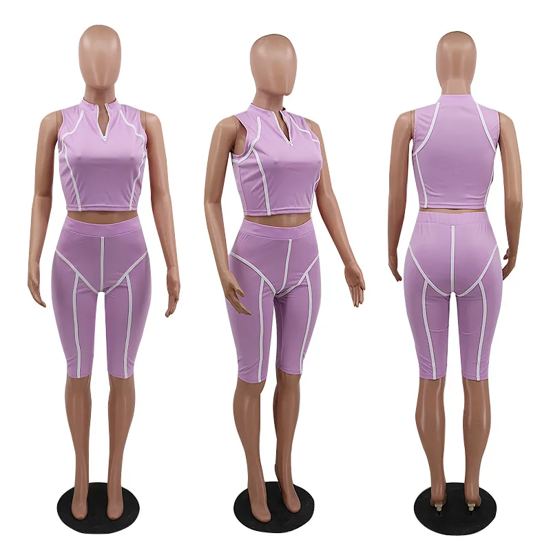 

Cutubly Patchwork Casual Two Piece Set for Women Sexy V-neck Sleeveless Crop Tops 2-pieces Tank Top+Knee Pants Set 2020 Summer