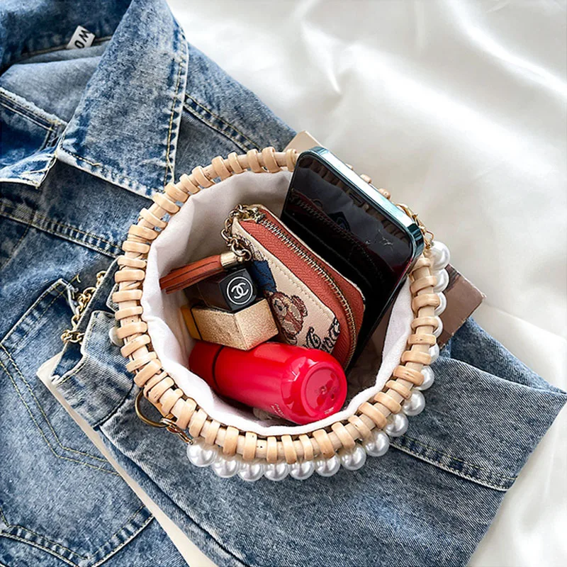 

Designer Straw Woven Handbags 2021 Summer New Fashion Women's Shoulder Bags Pearl Chain Crossbody Bag Female Bohemian Basket Bag