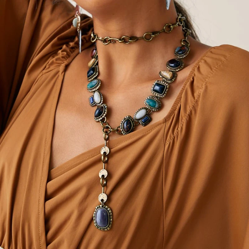 

Long Za Geometric Maxi Necklace Colorful Design Boho Seashell Conch Pearl Vintage Ethnic Chain For Women Wedding Jewelry