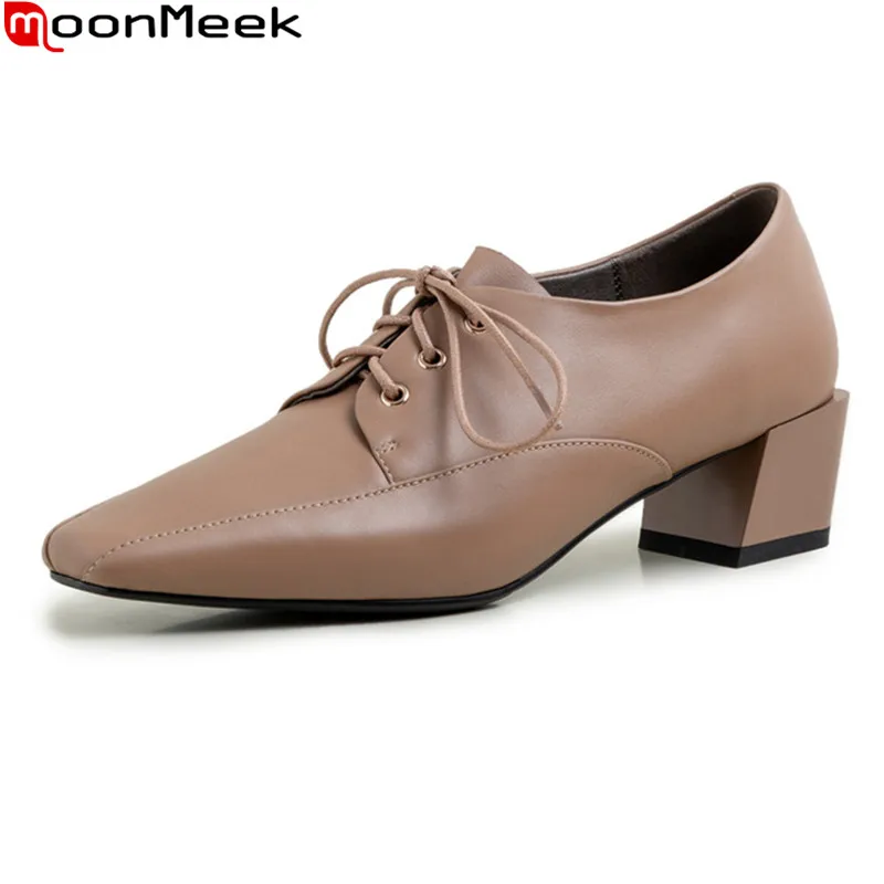 

MoonMeek 2020 spring autumn shoes women genuine leather lace up casual shoes thick heels square toe fashion women pumps
