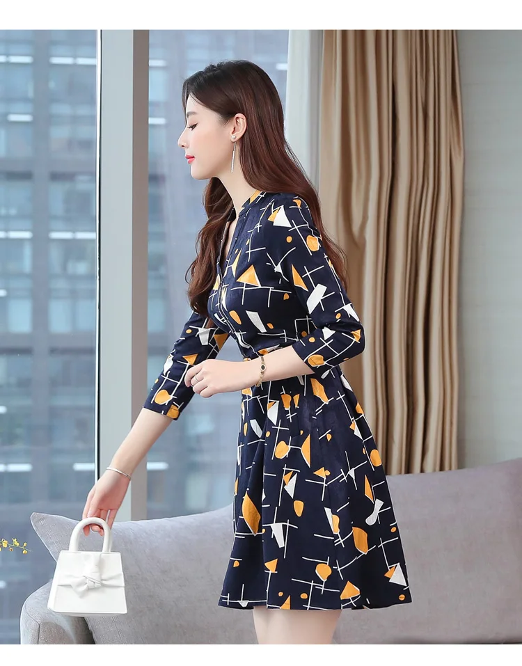 Vintage Print Chiffon Long Sleeve Mini Dress Autumn Winter Chic Plus Size Women Bodycon Dress Elegant Femal Party Vestidos