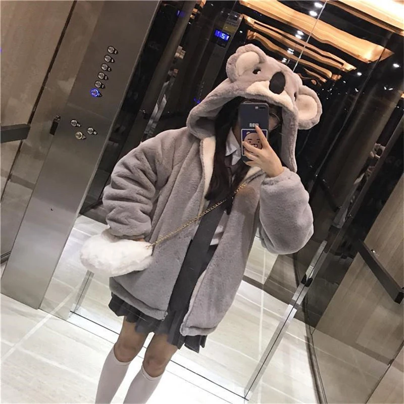 Kawaii Lolita Coat Japanese Soft Girl Cute Koala Ear Hooded Jacket Winter New Warm Faux Fur Zip Up Student Padded Overcoat Women