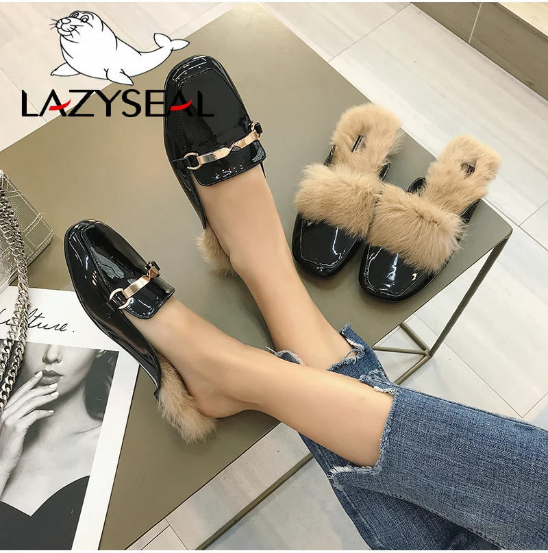 LazySeal туфли без задника с натуральным мехом; женские тапочки с квадратным носом; женские Вьетнамки; женские пушистые шлепанцы; Pantuflas Mujer