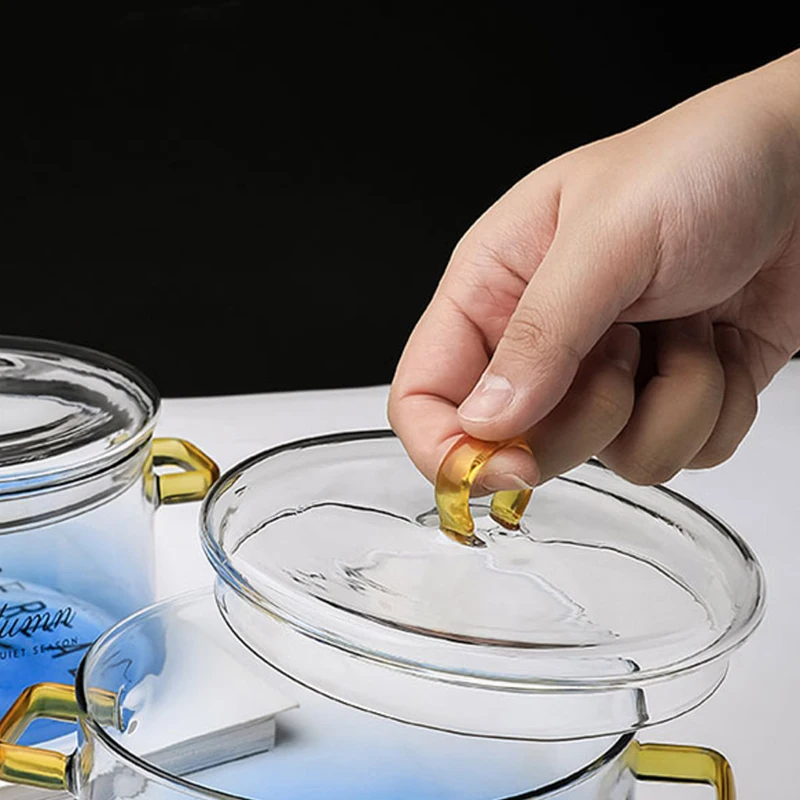 Стеклянная кастрюля RHE градиентного цвета синяя с крышкой термостойкая