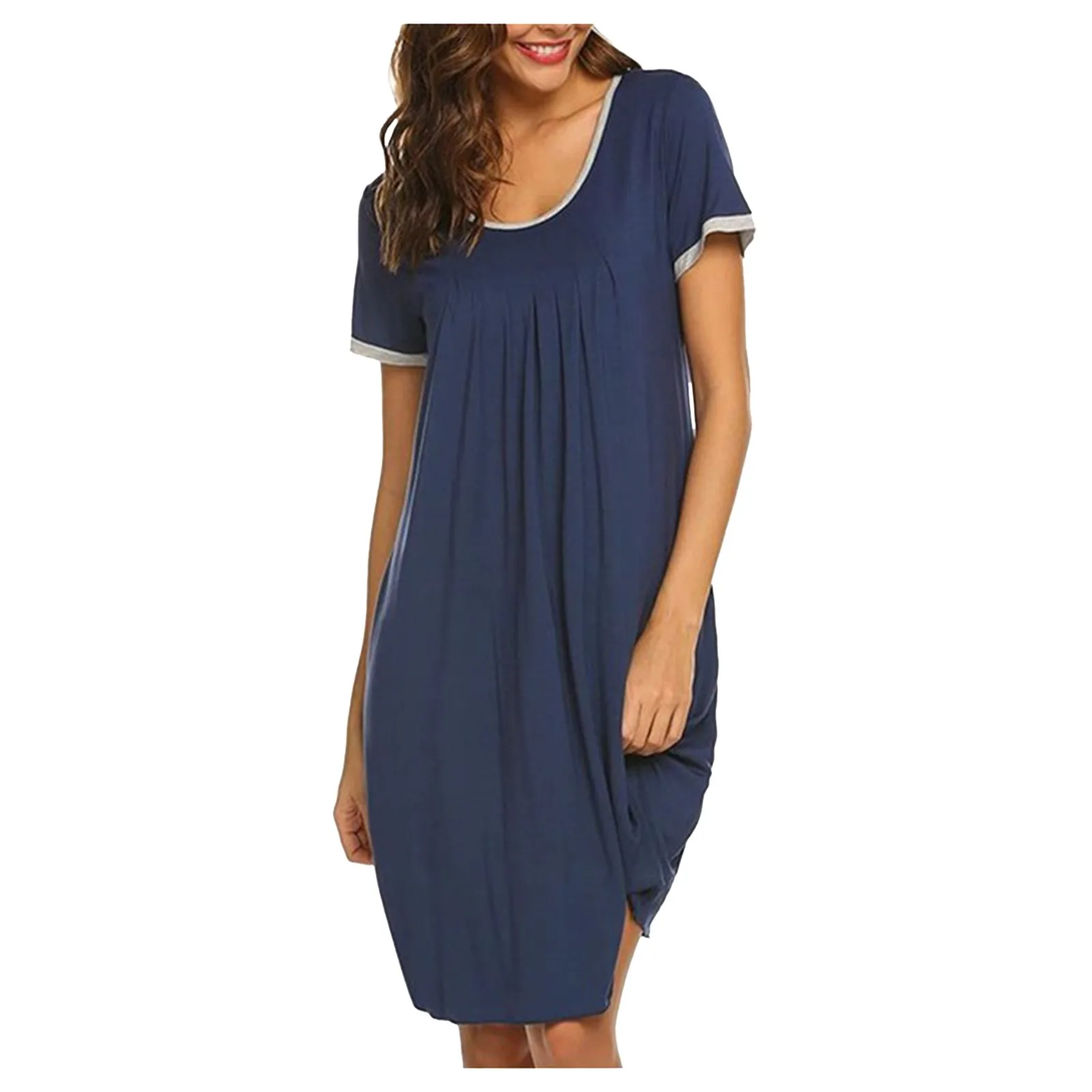 

SAGACE Ladies fashion casual solid color pleated round neck stitching nightdress Round neck solid color sexy pleated skirt