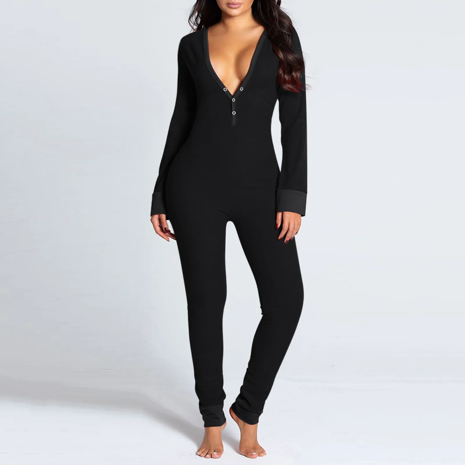 

Sexy Women Solid Color Cutout Front Functional Buttoned Flap Adults Pajamas Club Button Design Plunge Lounge Jumpsuit 4