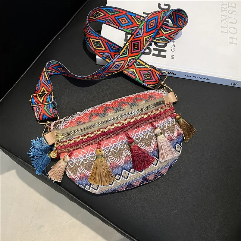 New Ethnic Style Lady Saddle Bag Retro Tassel Small Bag Fashion Wide Shoulder Strap Chest Bag Large Capacity Casual Female Bag