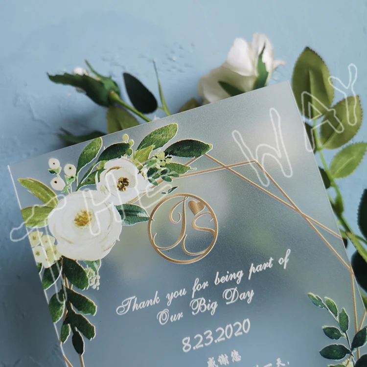 

Free Custom Frosted Acrylic Wedding Invitation Card With Envelopes Elegant Floral Name Sign Marriage Business Invitation Card