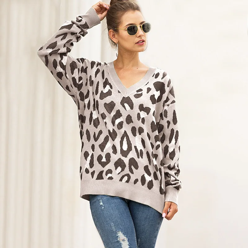 

Donsignet Women's Sweater New Fashion V-neck Pullover Leopard Jacquard Knitted Long Sleeves Sweater Sweater Women's clothing
