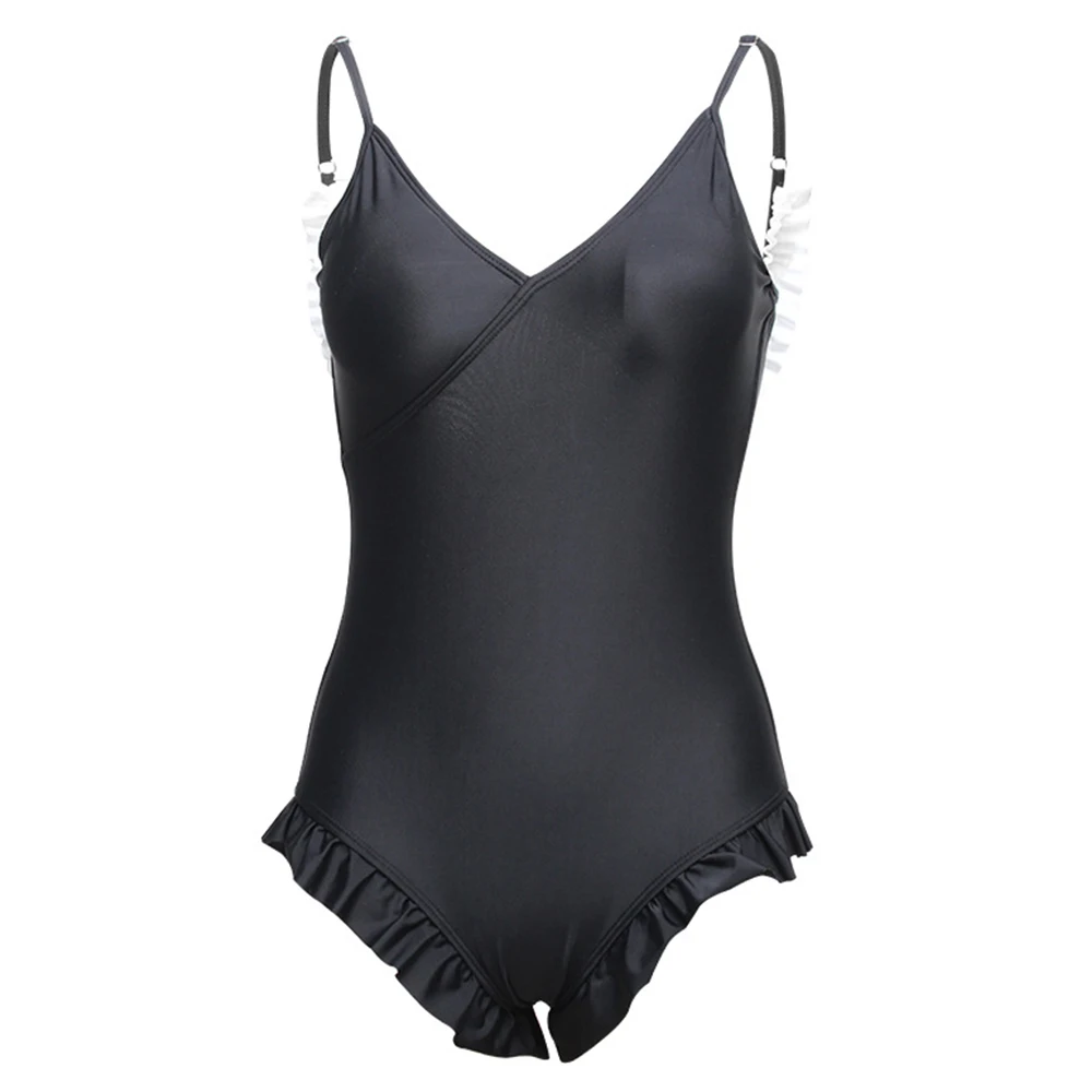 

Summer Solid Black Ruffled One-piece Backless Swimsuit Women Sexy Lace Up Patchwork Monokini Swimwear Girl Beach Bathing Suits