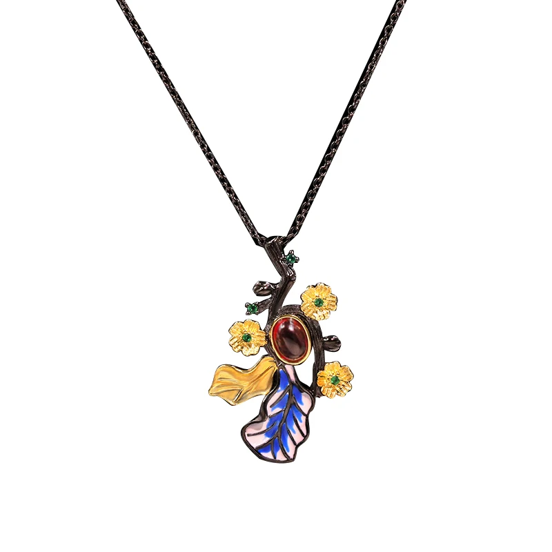 

Ajojewel 2021 New Semi-precious Stone Flower Necklace Women Black Golden Luxury Vintage Jewelry Collar De Moda Antigua