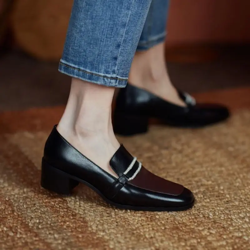 

Rizabina Size 33-40 Real Leather Women Pumps Beads New Fashion Square Toe Spring Shoes Woman Thick Heel Office Lady Footwear