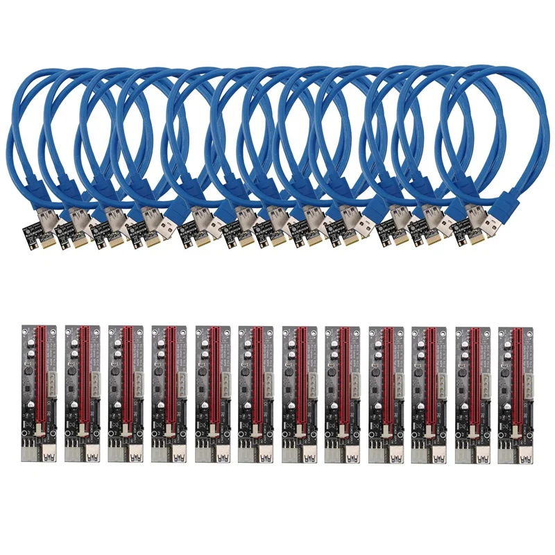 

12PCS VER103C 3In1 Power PCI-E Riser Card LED 4Pin 6Pin Sata 15Pin Express 1X to 16X 60CM Extension Cable for Bitcoin