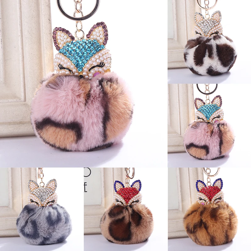 

Faux Fox Head Pompom Charms Keychain Women Trinkets Suspension Bags Car Key Chain Key Ring Toy Gifts Llaveros Pendants for Gifts
