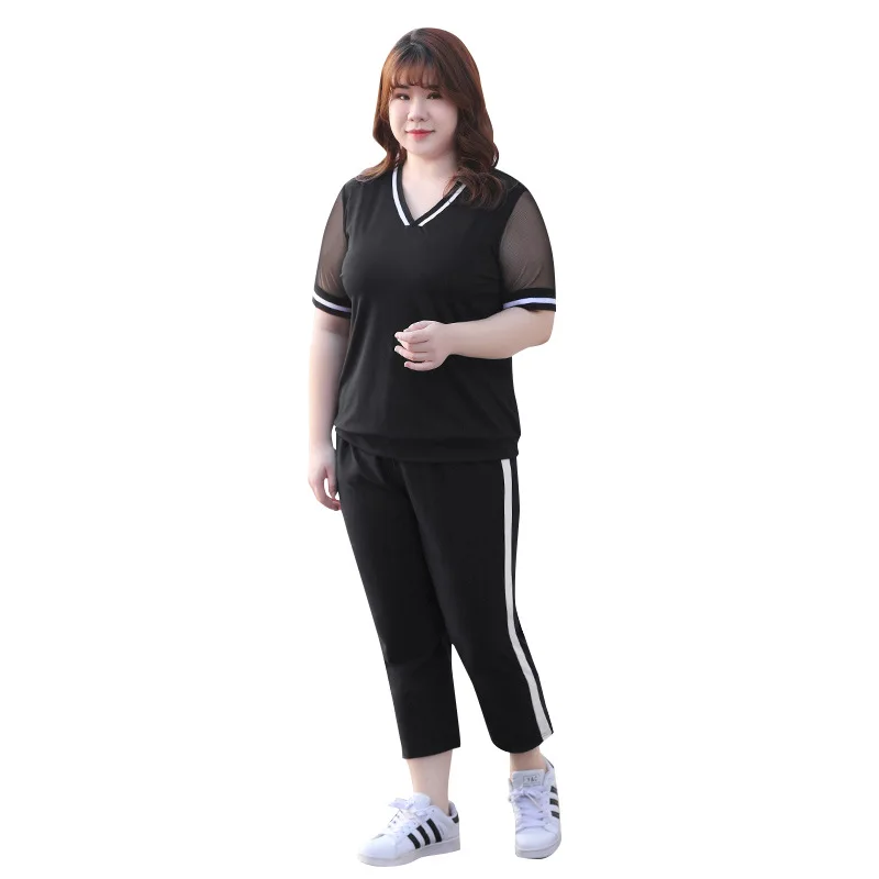 New summer plus size sports suits for women short sleeve loose black T-shirt and capri pants training suit sets 3XL 4XL 5XL 6XL |