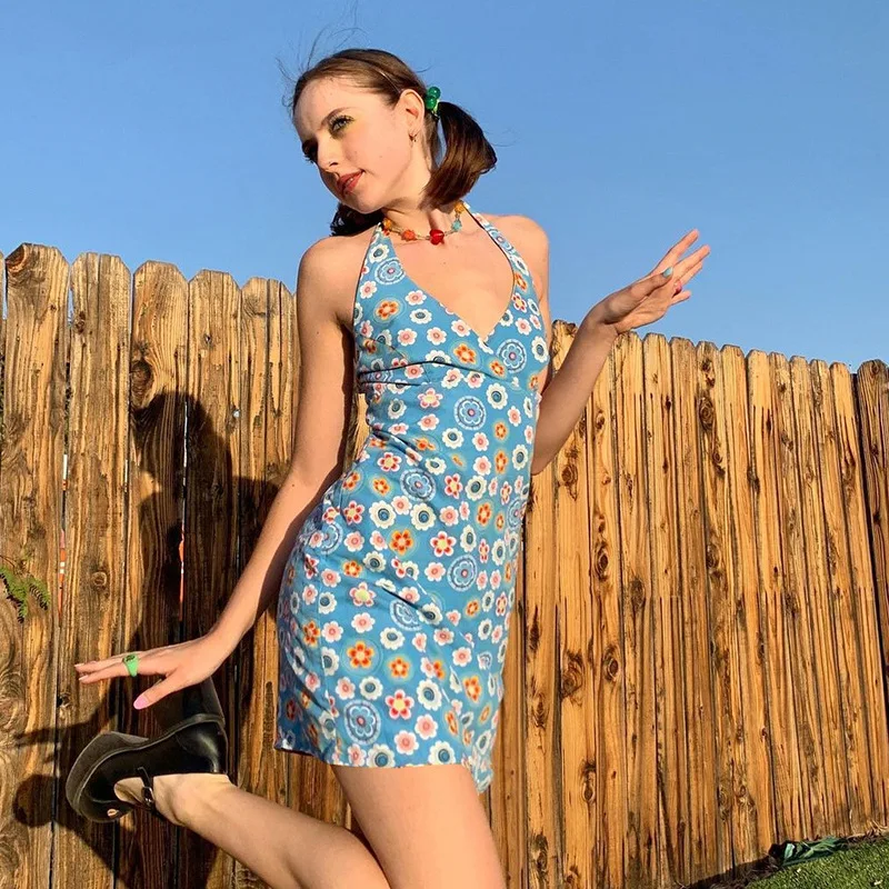 

Floral Print Halter Bodycon Dress 2021 Summer V Neck Sleeveless Mini Dress Off Shoulder Backless Bandage Sweet Dresses for Women