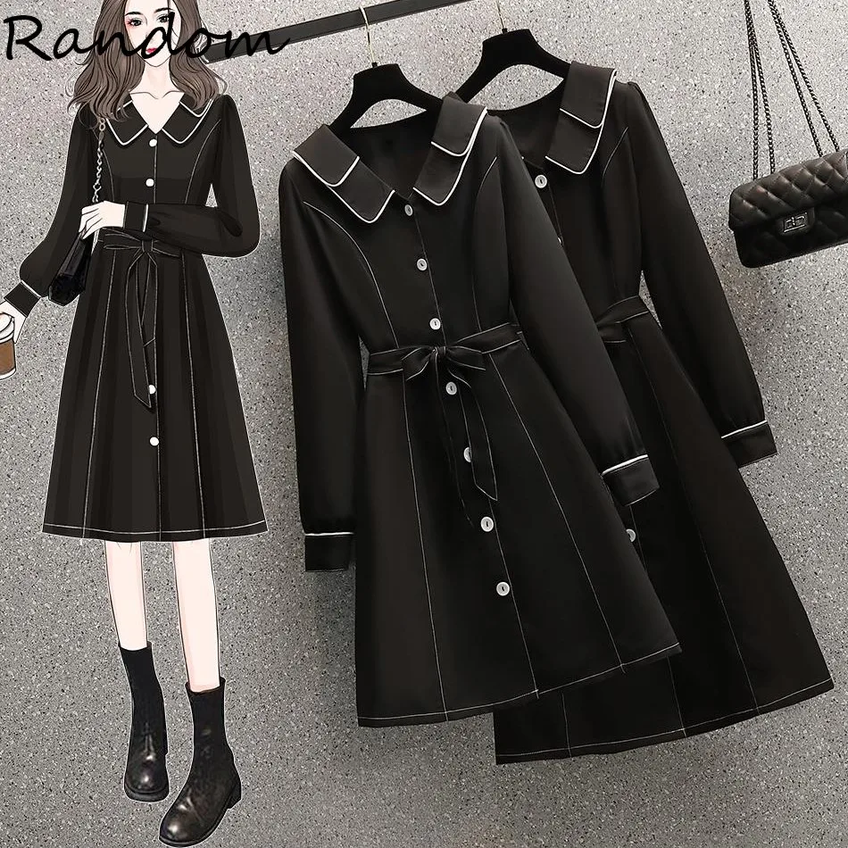 

Plus Size Vintage 90S Black Shirt Dress Sweet Peter Pan Collar Single-breasted Winter Elegant Party Dresses For Woman Clothing