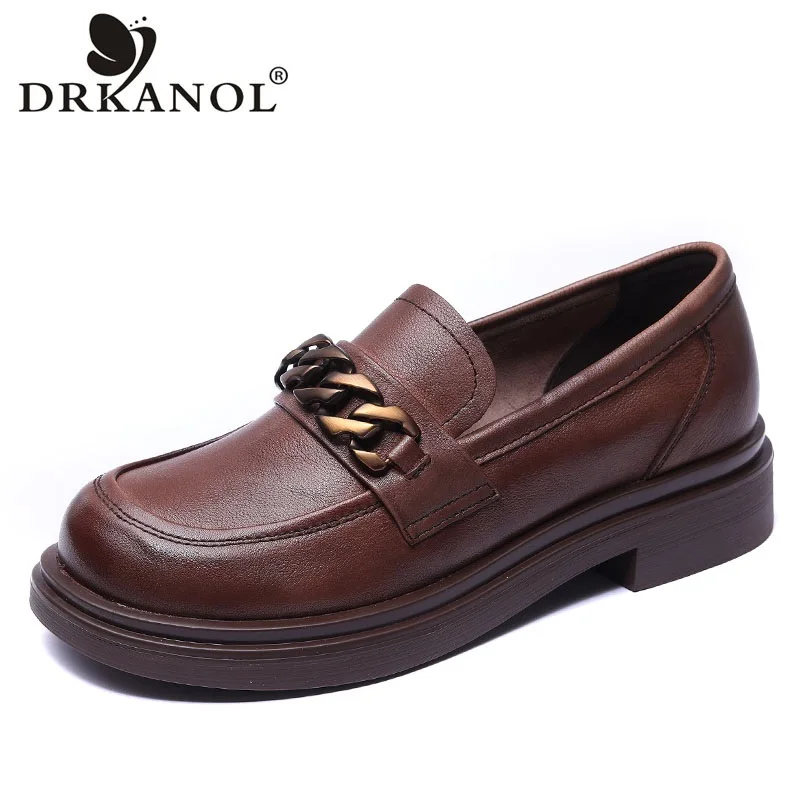 

DRKANOL Handmade Retro Women Flat Shoes Shallow Slip-on Loafers Ladies Metal Decoration British Style Soft Bottom Casual Loafers