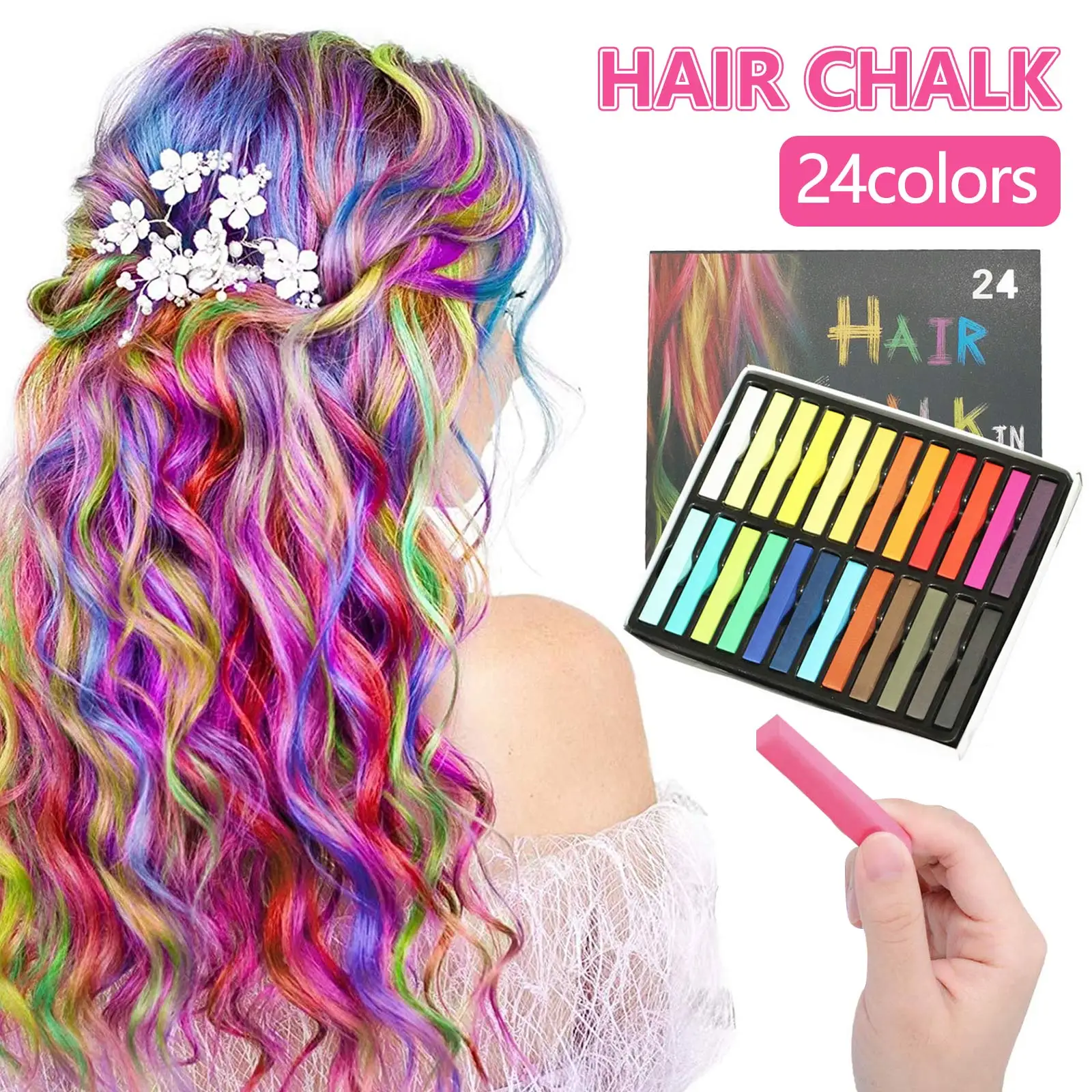 

24PCS 24 Colors Fashion Hair Color Chalks Temporary Colors Hair Dye Pastels Kit for Festival Party Cosplay Hair Dyeing Tools