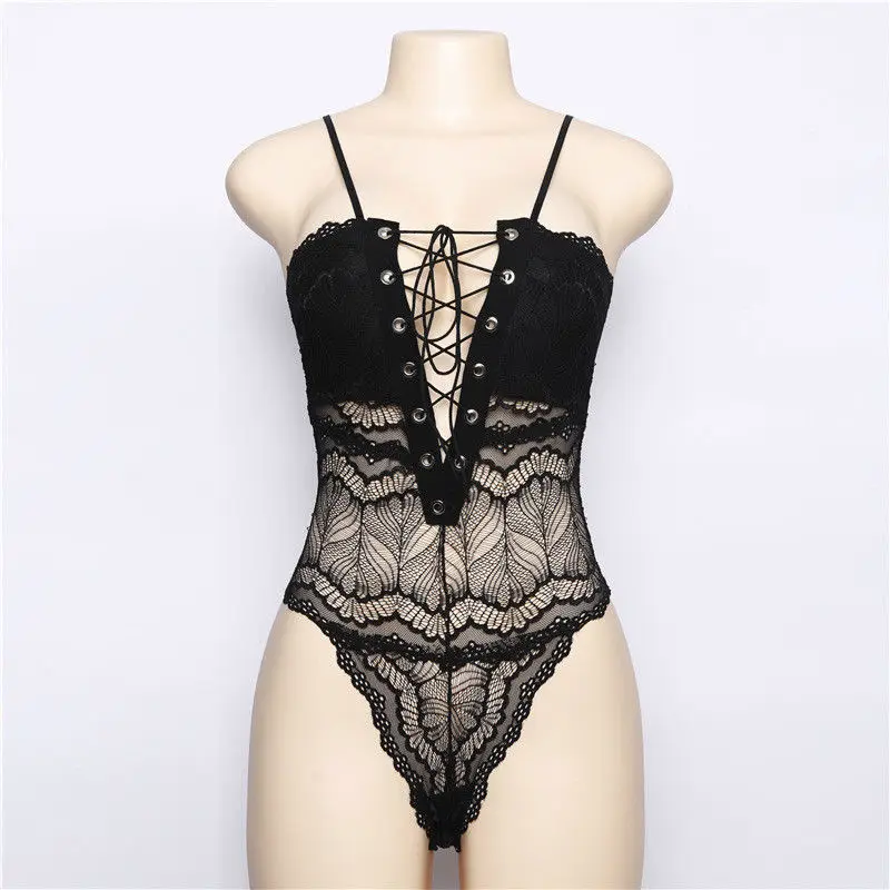 

Women Sexy Lingerie Erotic Underwear Lace Solid Color Hollow Bandage Transparent Catsuit Bodysuit Nightwear Sleepwear