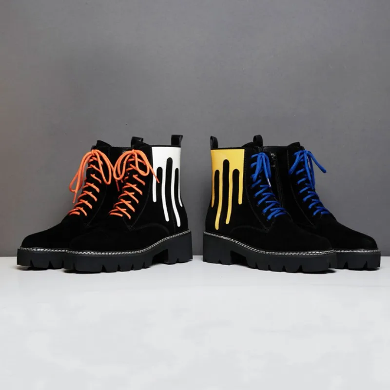 

Fashion Designer Mixed Colors Women Ankle Boots Autumn Winter Cross-Tied Round Toe Cow Suede Motorcycle Boots High Heel Shoes
