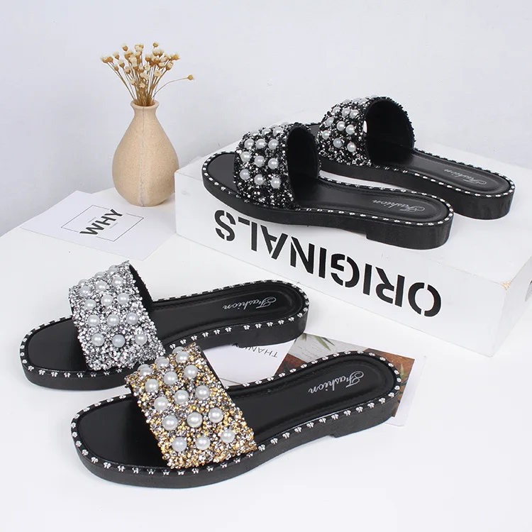 

Sequins Women Summer Slippers Flat Sandals Comfortable Woman Shoes Indoor Home Female Beach Shoes Pearl Non-slip Flip Flops New