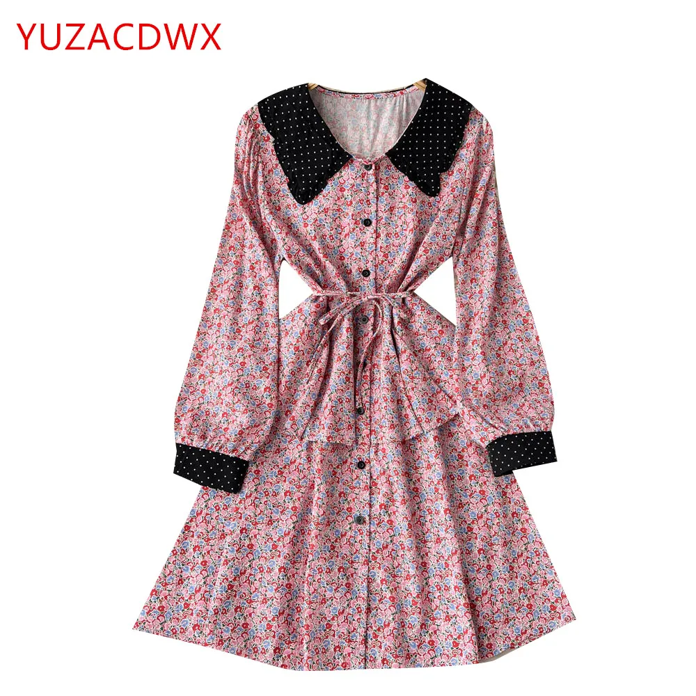 

2022 Spring New Korean Version Fashion Contrast Color Doll Collar Dress Retro Floral Print Ruffled Lace-up Waist Chiffon Dress