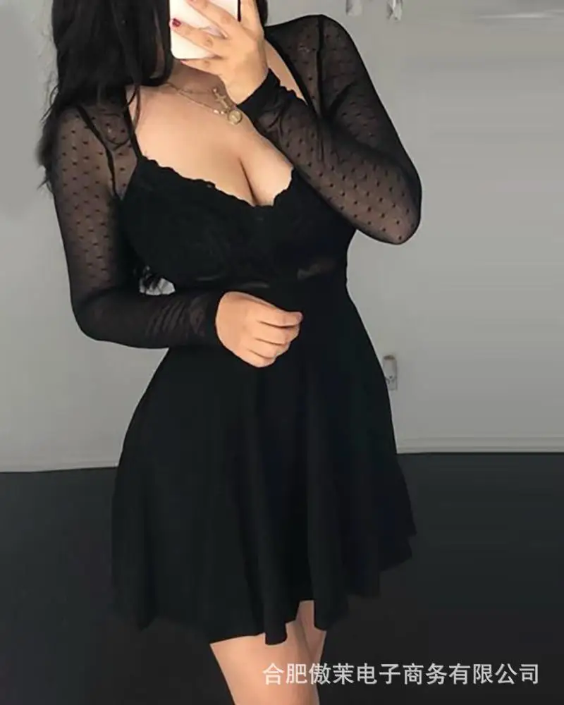 

WEPBEL Autumn Elegant Stitching Long Sleeve V-neck High Waist Mini Dress Women's Sexy Solid Color Lace Holllow Out Dress