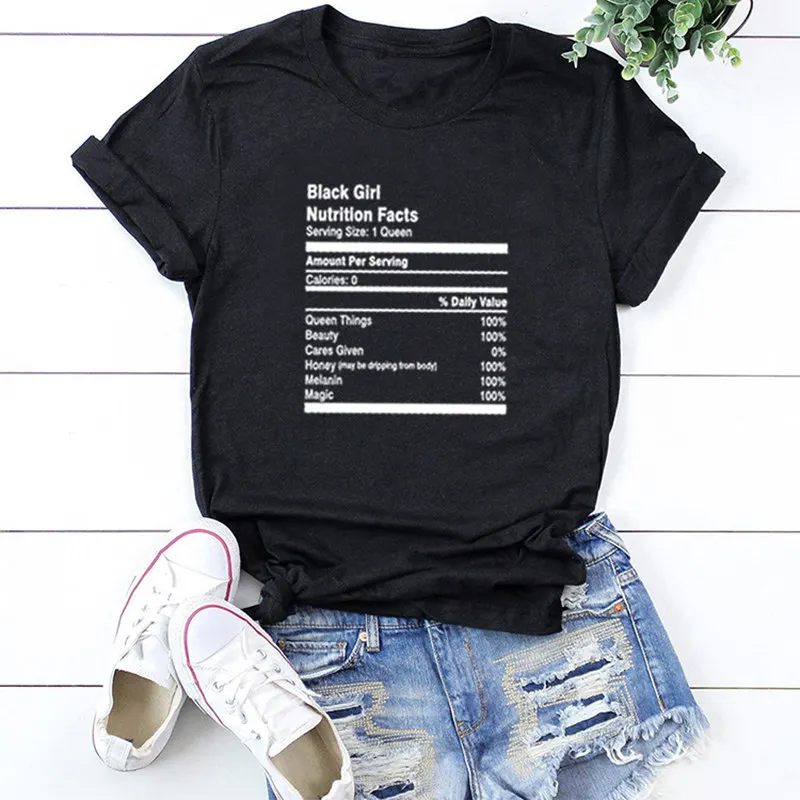 

Women Black Girl Nutrition Facts Letters Ladies Slogan Streetwear Tee Casual Crew Neck Summer Top Trendy T-Shirt