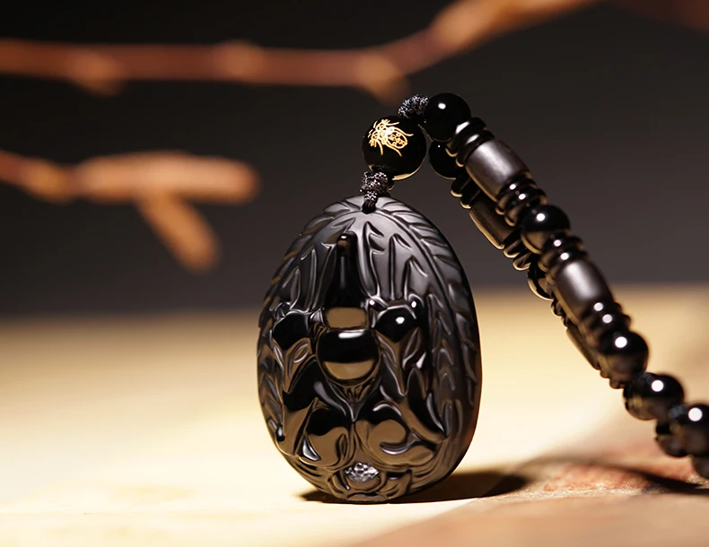 Ожерелье из натурального черного обсидиана с бусинами ручная работа Подвеска