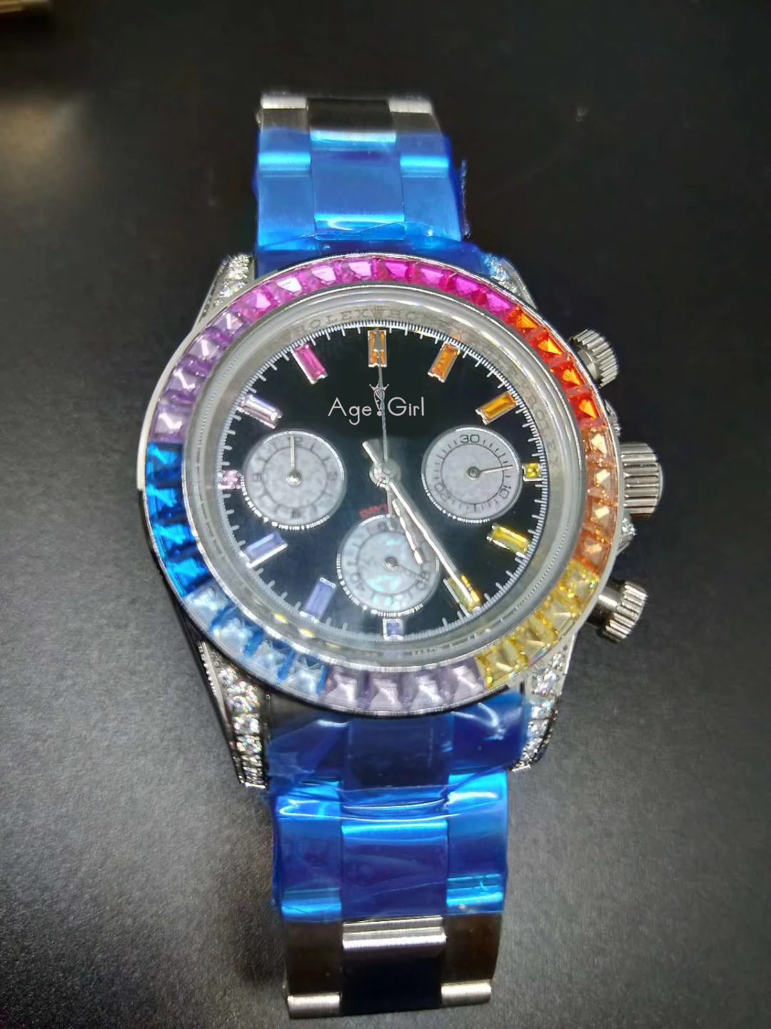 

ClassicNew Men Rainbow Diamonds Stainless Steel Silver Rose Gold Red Blue Bezel Japanese Quartz Chronograph Watches AAA+