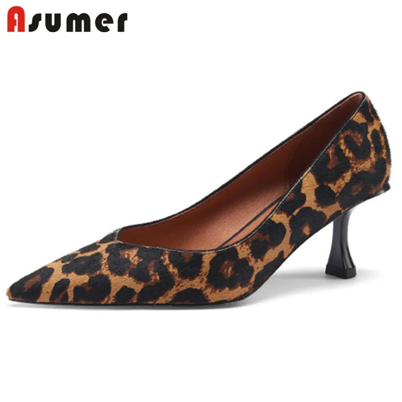 

Asumer 2021 Spring Summer Women Pumps Horse Hair Leopard Pointed Toe Slip On Single Shoes Sexy Fashion Party Shoes Ladies
