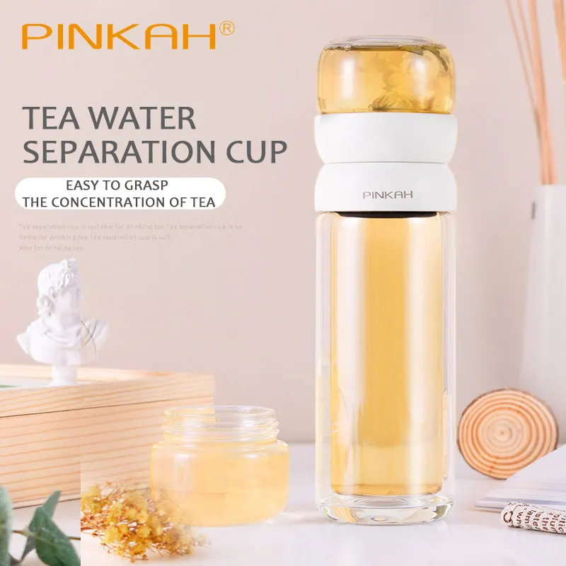 

Pinkah 380ml Double Layer Glass Water Bottle Portable High Temperature Resistance Transparent Tea Water Separation Teacup