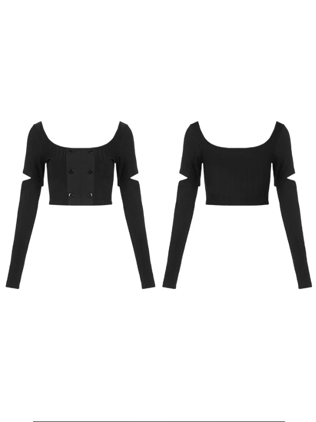 Женские готические короткие футболки в полоску с вырезами стиле панк PT-448TC |