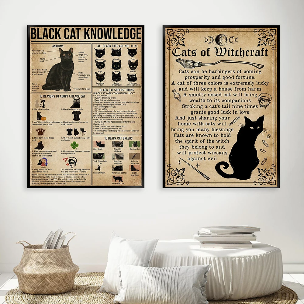 

Black Cat Knowledge Poster Wall Decor Funny Cat of Witchcraft Prints Canvas Vintage Halloween Decorations Kitchen Pet Room Mural