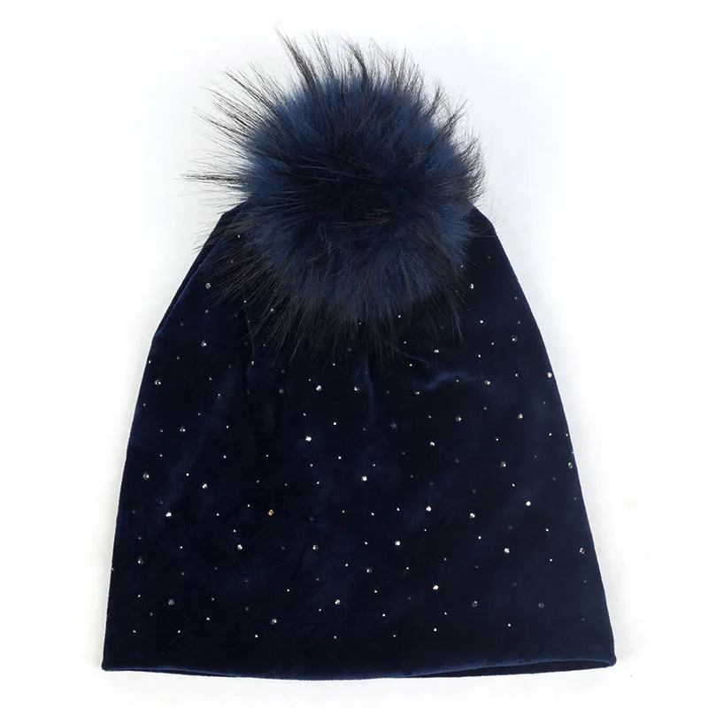 Royal Blue4 Женские зимние Бархатные шапочки с помпон из искуственного меха, женские эластичные мешковатые теплые шапки с ушками, мешковатая шапка со стразами - Цвет: Royal Blue4