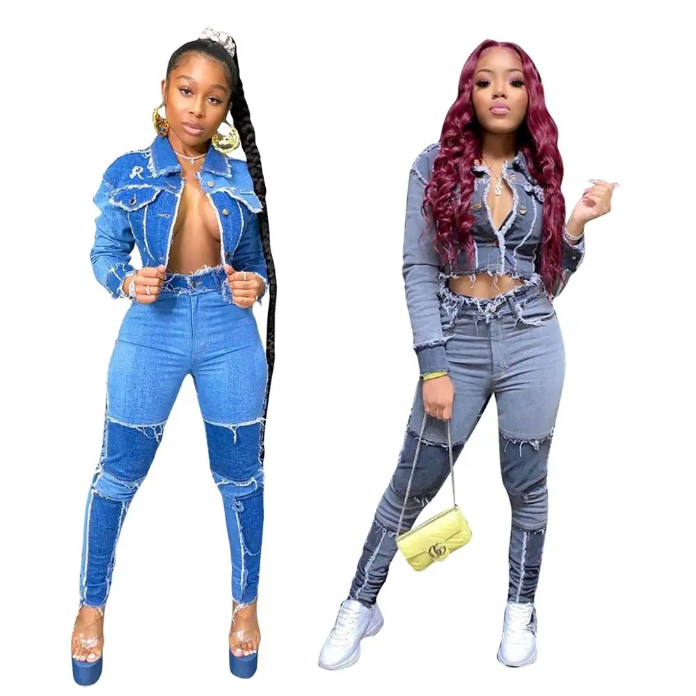 

Active Wear Women Denim Patchwork Jackets Jeans Pants Suit Tracksuit Two Piece Matching Set Fitness Outfits