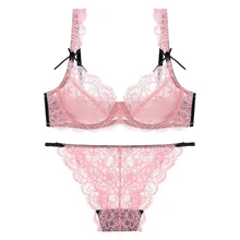 Ensemble de soutien gorge et culotte en dentelle pour femmes, sous vêtements en coton fin doublé, Lingerie pour petits seins  (2)