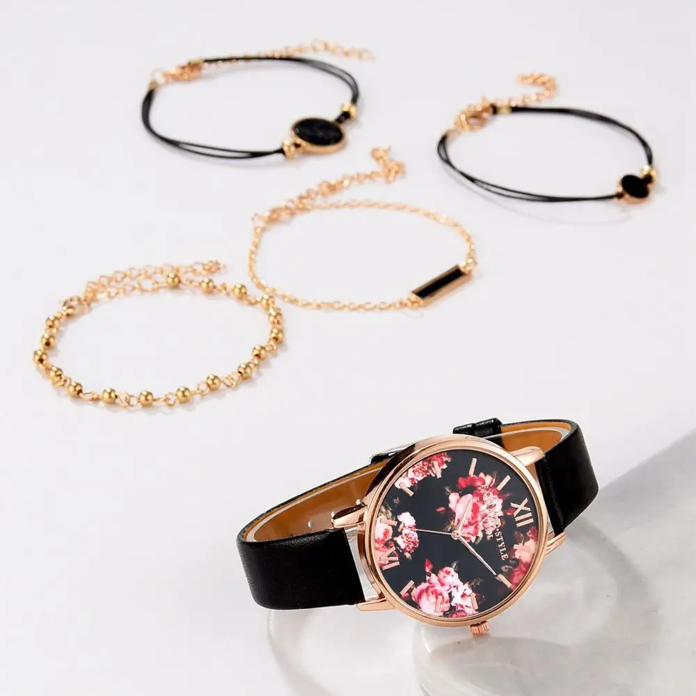 5 шт./комплект женские кварцевые часы с кожаным ремешком | Наручные