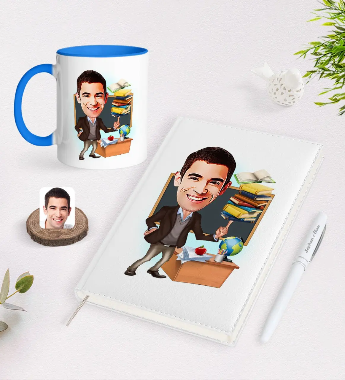 

Personalized Men 'S Teacher Caricature of 2021 Organizer pen And Blue Mug Seti-2