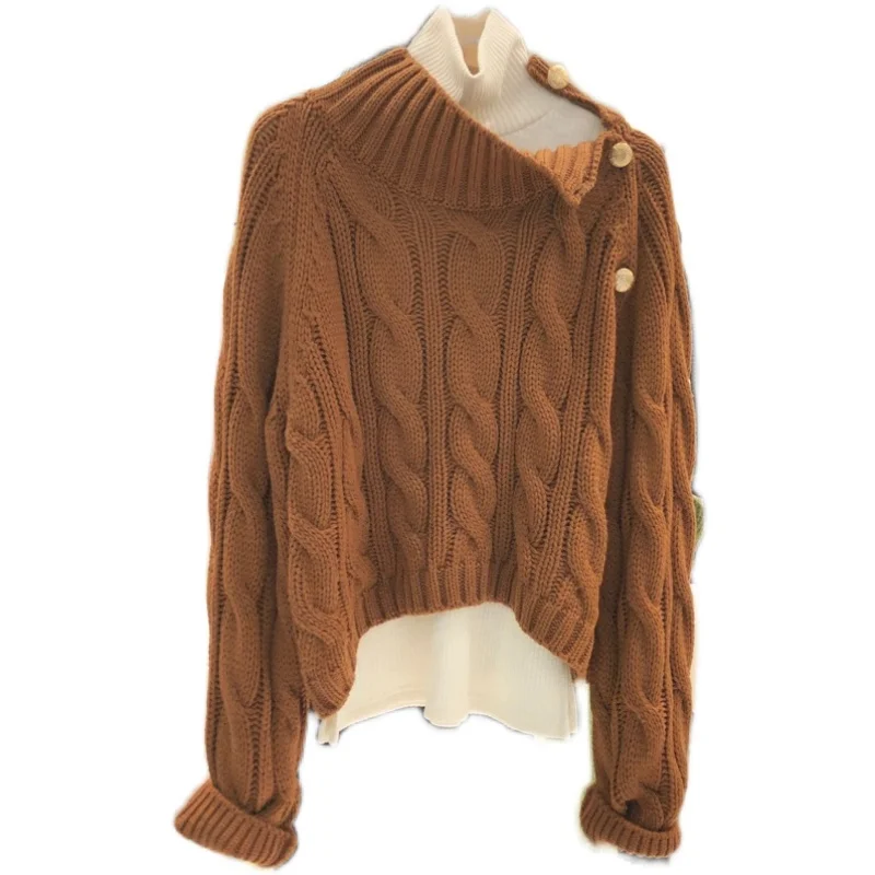 

New winter temperament turtleneck east gate of oblique buckle hemp pattern leisure loose knitting a sweater