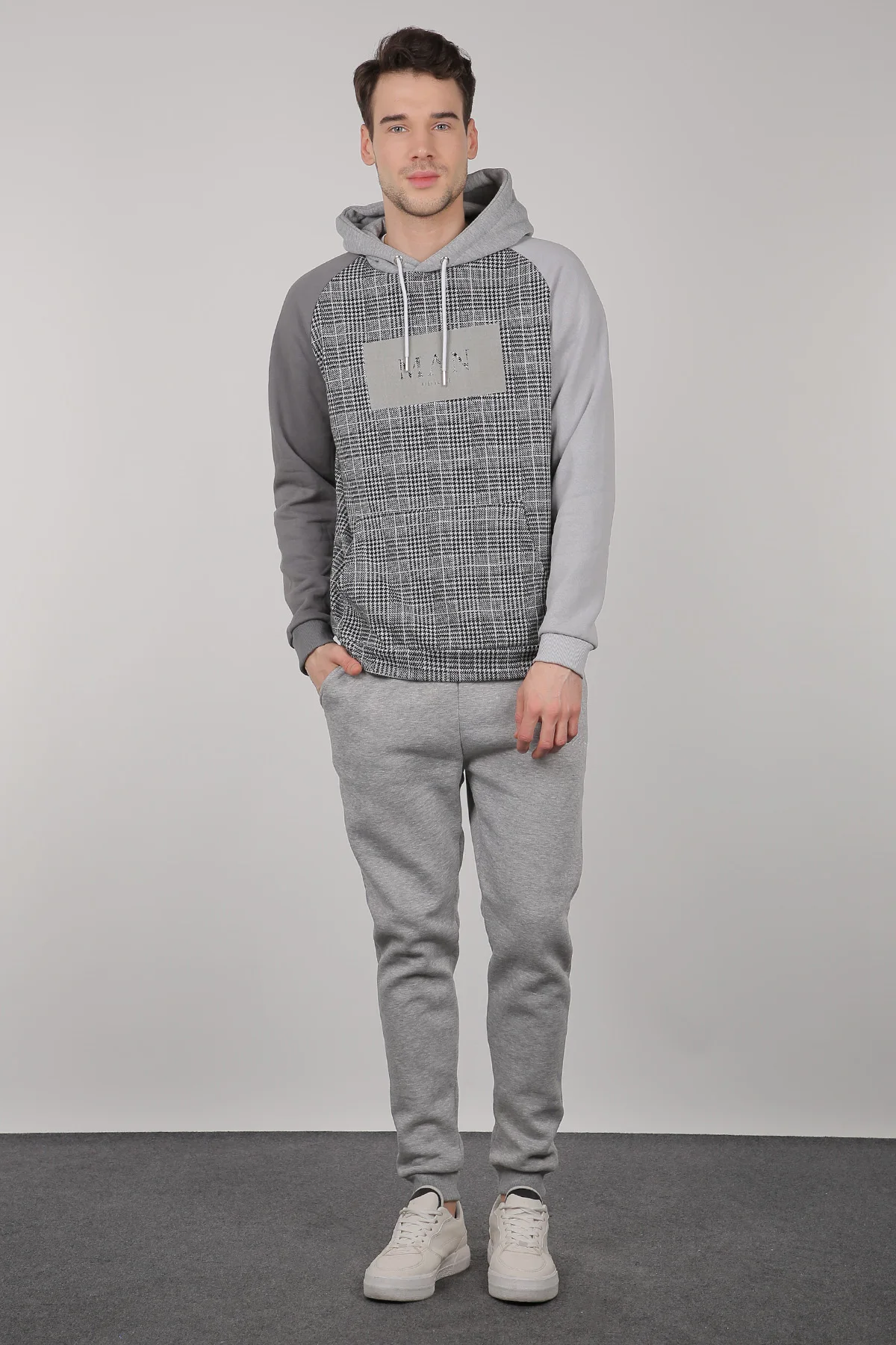 

Gray Checkered Hooded Mens Sweatshirt
