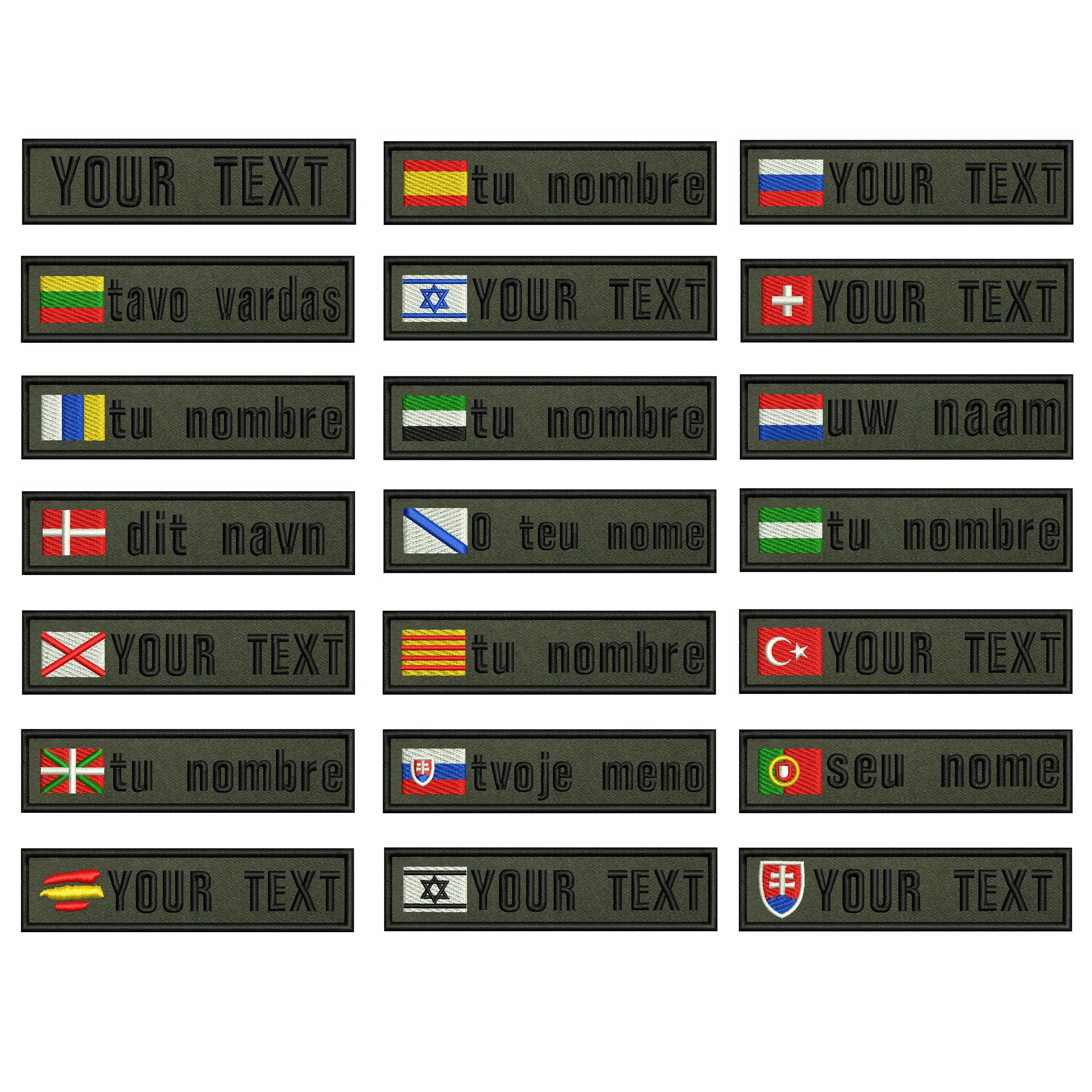 

Army green background national flags 10X2.5cm Embroidery Custom Name Text Patch Stripes badge Iron On Or Velcro Backing Patches