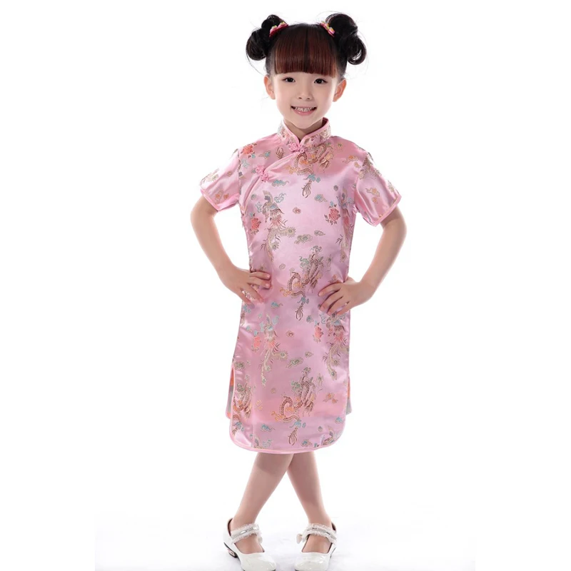 Pink dress Детские винтажные восточные китайские традиционные костюмы для девочек с вышивкой дракона, атласные шелковые платья для девочек - Цвет: Pink dress