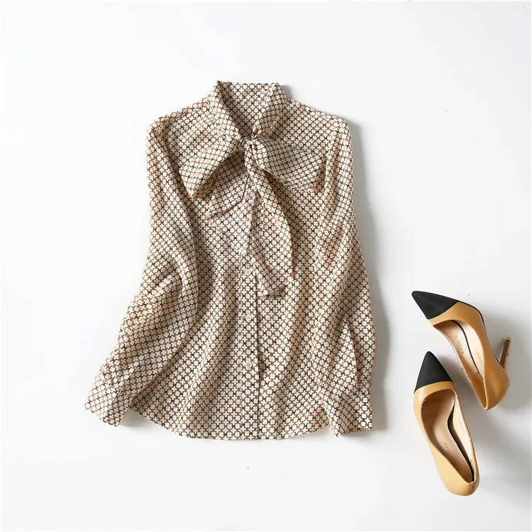 

Europe and the United States women's clothing New spring 2021 Bow collar with long sleeves Fashionable printed silk shirt