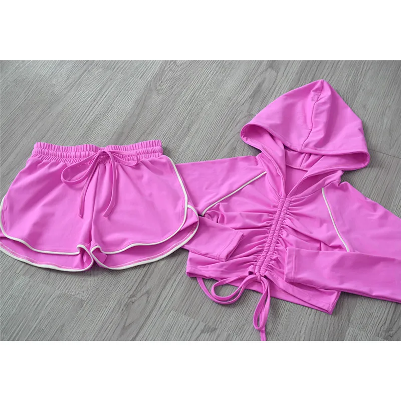 

Summer Shorts Set Women's Tracksuit Sun Protection Hooded Shirts Workout Casual Running Shorts Sports Crop Top Gym Sportswear