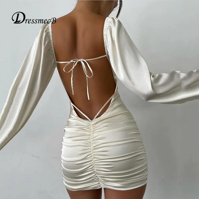 

Dressmecb сексуальное вечернее платье с вырезами и открытой спиной, женские весенние мини-платья с длинным рукавом-фонариком, атласные облегающ...