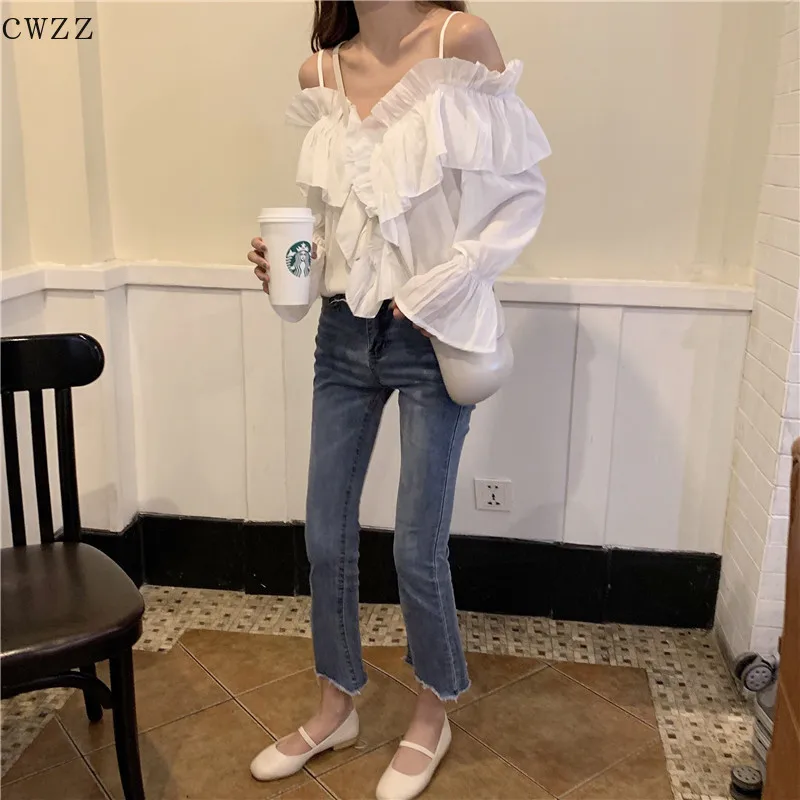 

Women Shirts Off Shoulder Top Ruffles White Korean Fashion Clothing Woman Clothes Blusas Femininas Elegante Streetwear