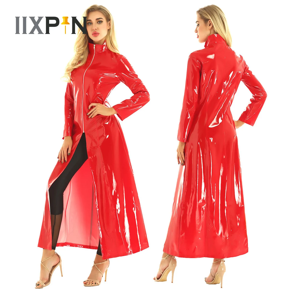 Adult PVC Leather Turtleneck Long Trench Women Wetlook Coat Jacket Sexy Zipper Front Cosplay Costume Mens Dance Party Clubwear