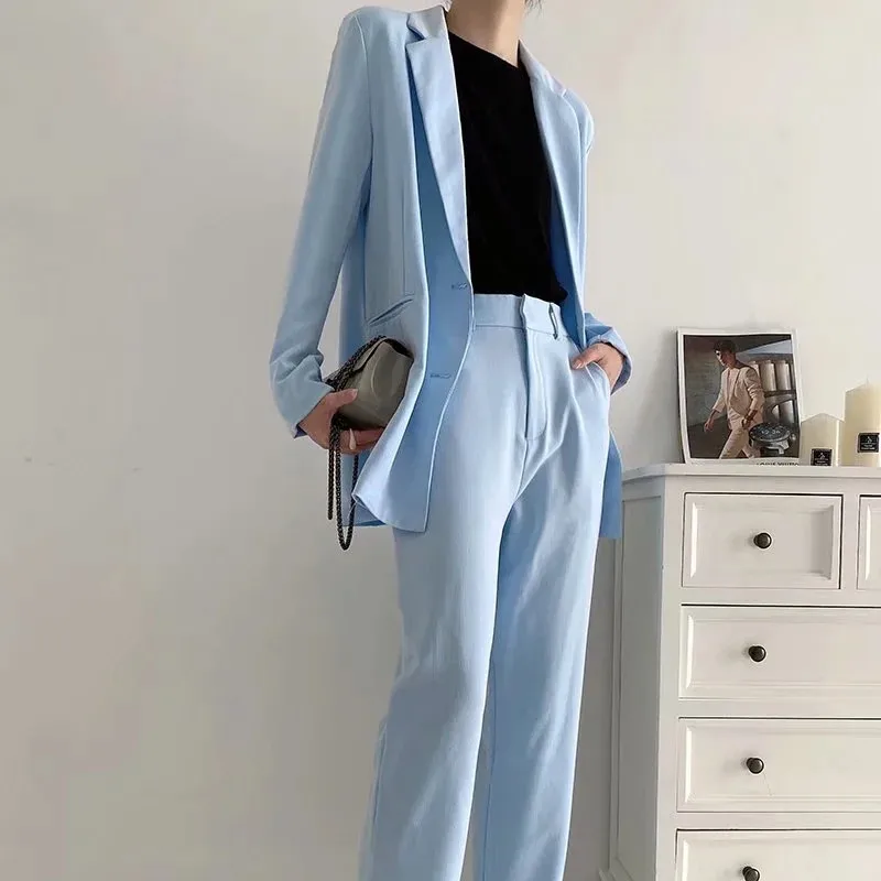 

Fashion Blue Double Breasted Long Women Blazer Jacket 2021 Casual Officewear Pockets Simple Solid Coats Chic Female Tops